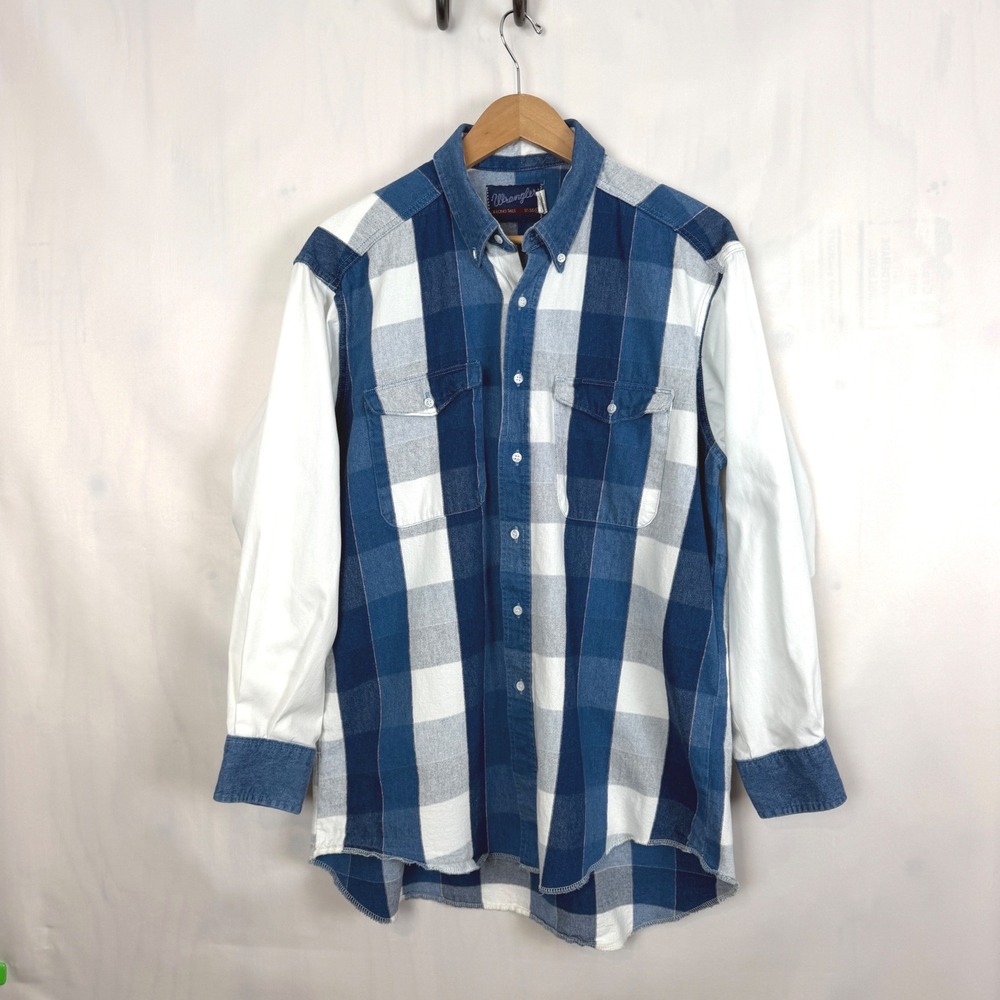Wrangler Western Shirt Mens L Blue White Plaid USA Made Long Tail